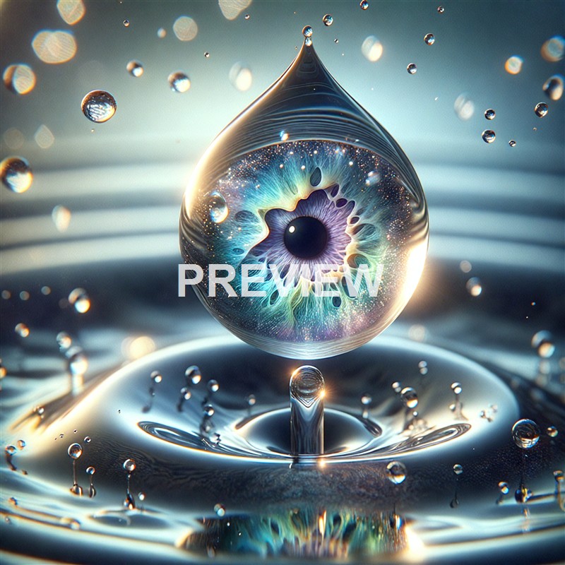 A highly detailed, surreal image of a water droplet with a colorful, eye-like pattern inside, captured as it splashes into a liquid surface with surrounding smaller droplets.